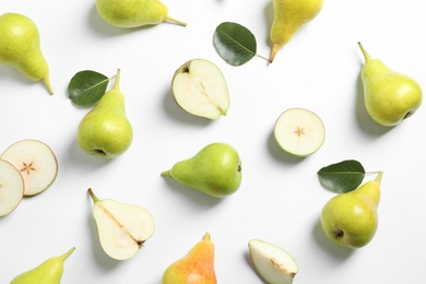 Ripe juicy pears on white background, top view