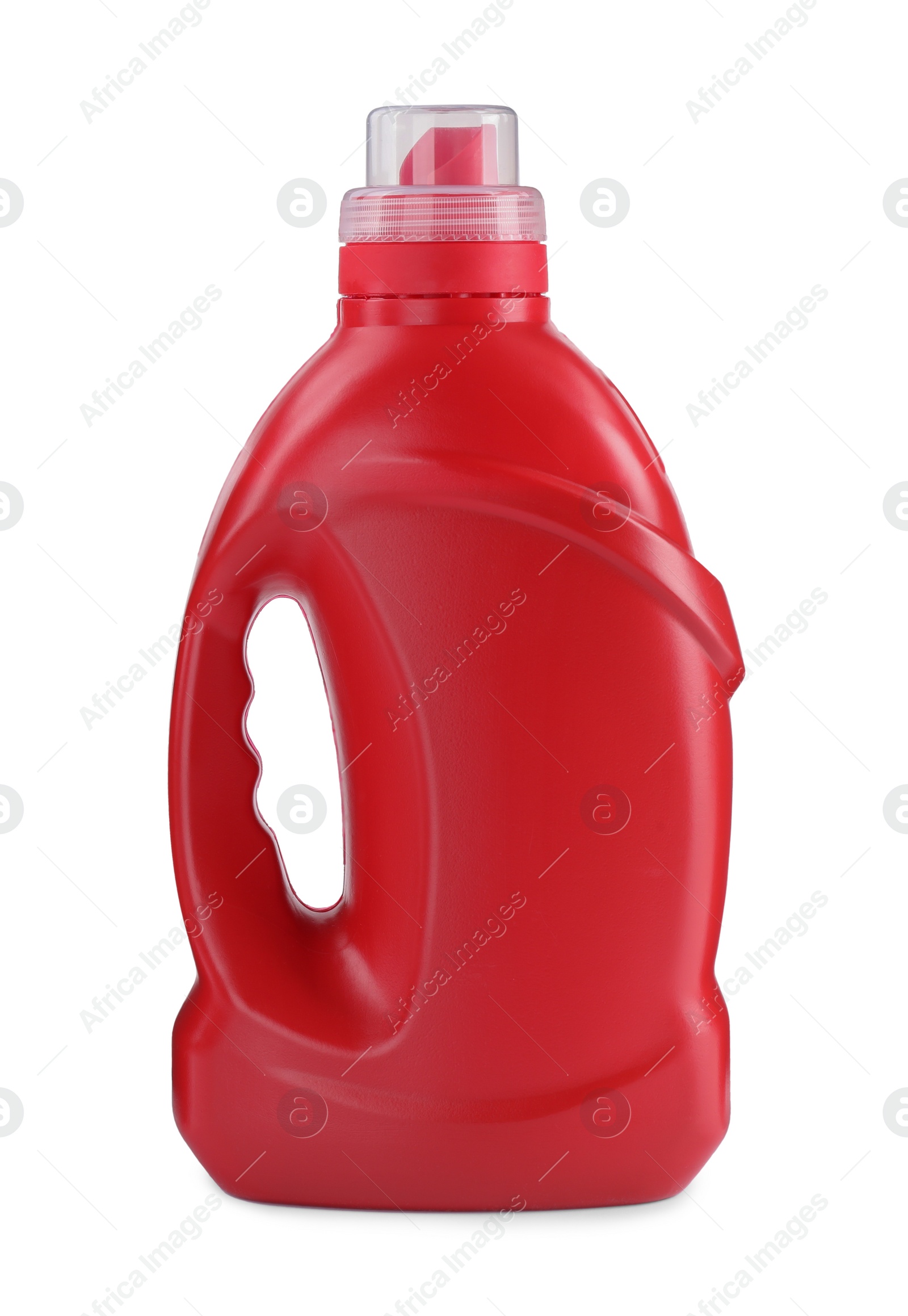 Photo of Red bottle of detergent isolated on white