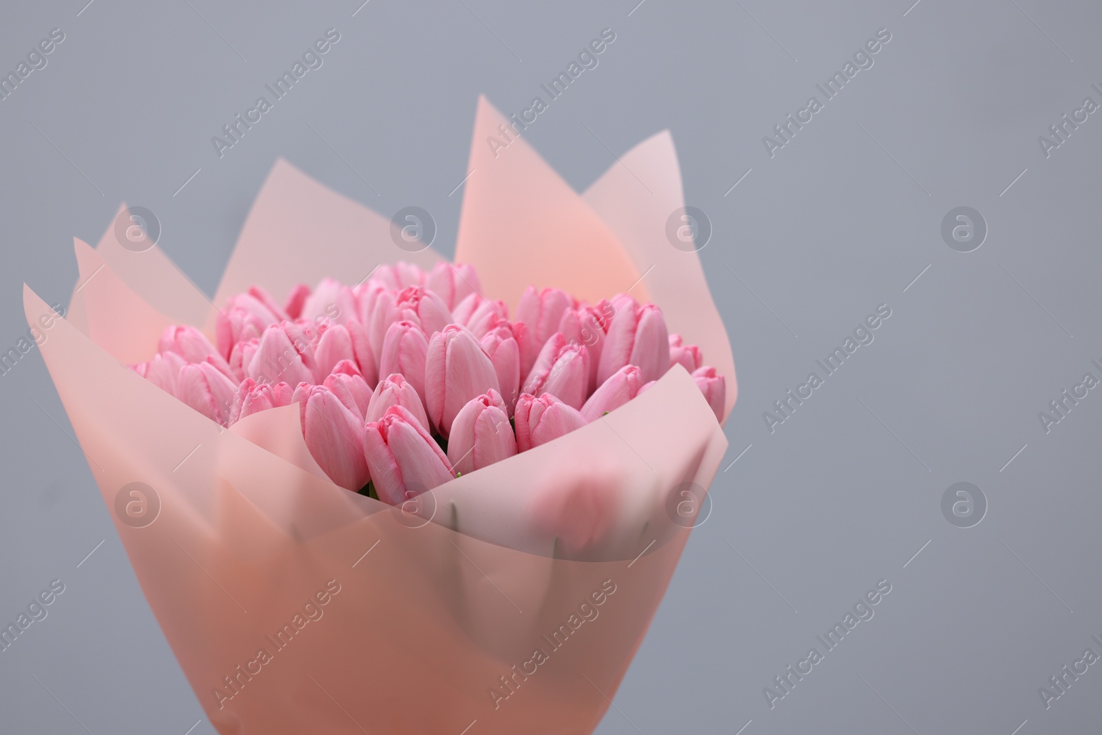 Photo of Bouquet of beautiful pink tulips on light grey background, closeup. Space for text