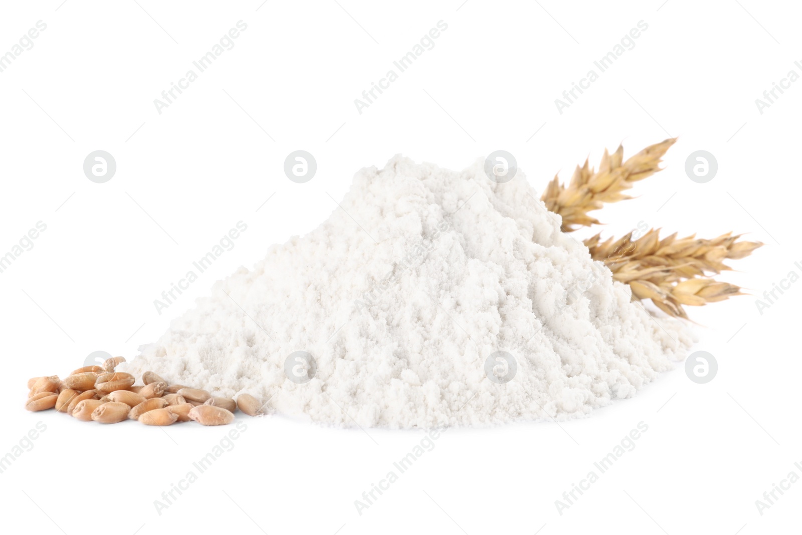 Photo of Heap of wheat flour, grains and spikelets on white background