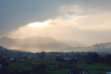 Picturesque view of mountain village at sunrise