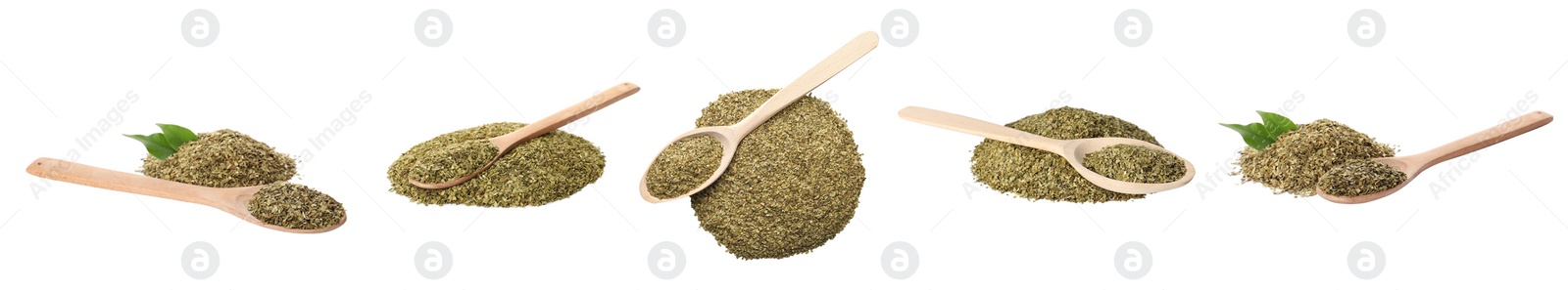 Image of Set with yerba mate leaf mix on white background. Banner design