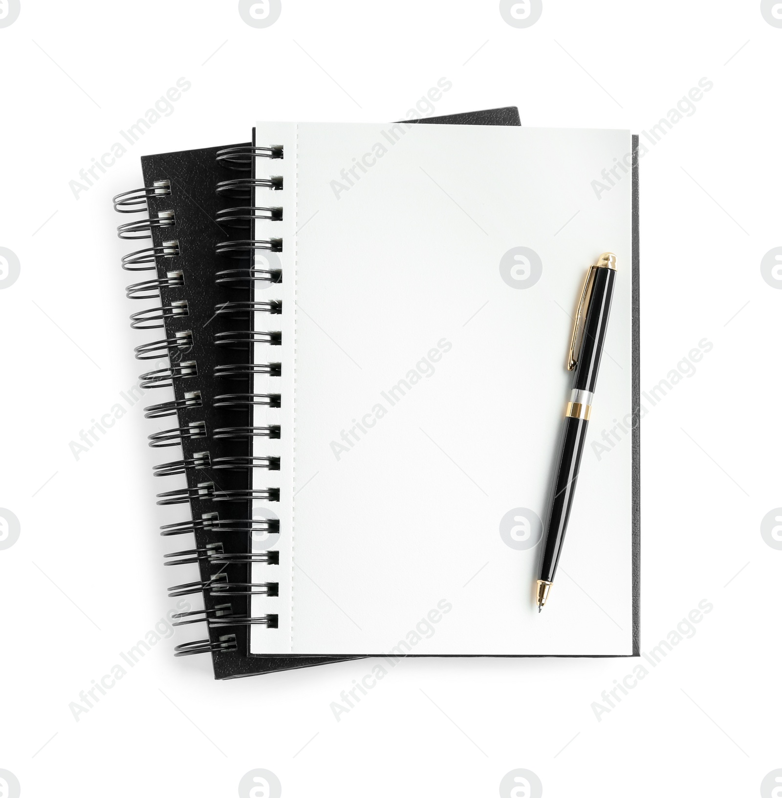 Photo of Two notebooks and pen isolated on white, top view