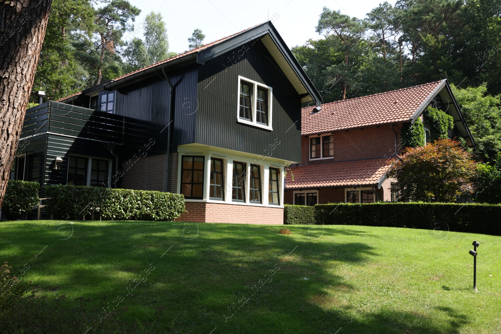 Photo of Picturesque view of beautiful house and plants on sunny day