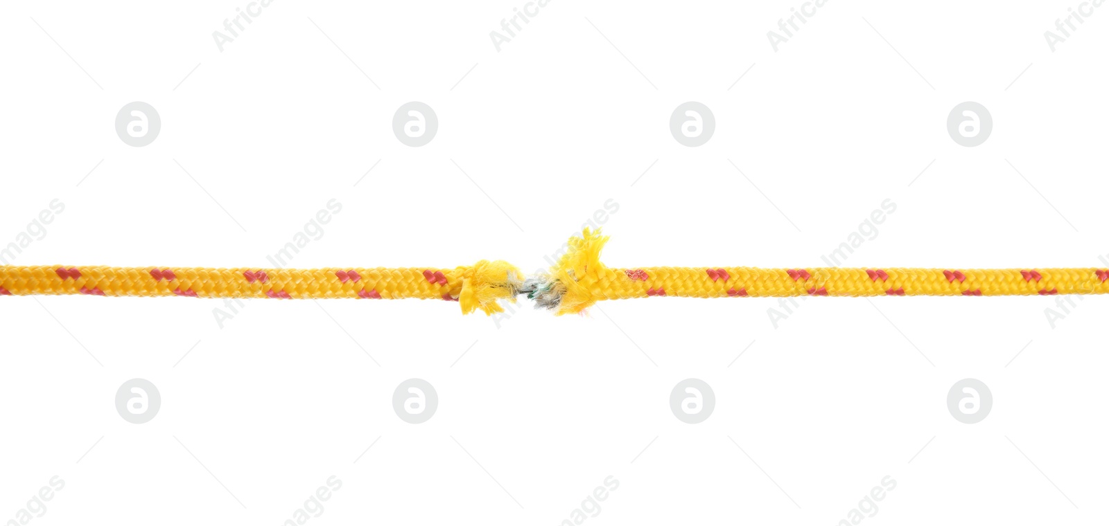 Photo of Frayed rope at breaking point on white background