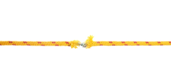 Photo of Frayed rope at breaking point on white background