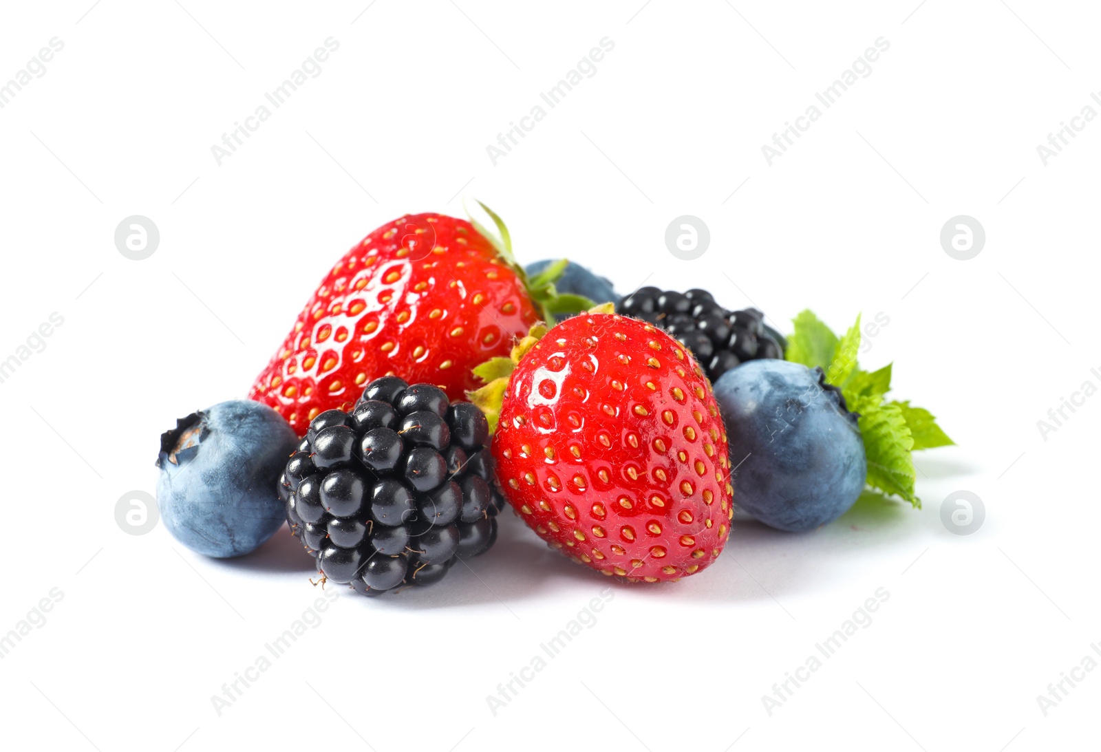 Photo of Strawberries, blackberries and blueberries on white background