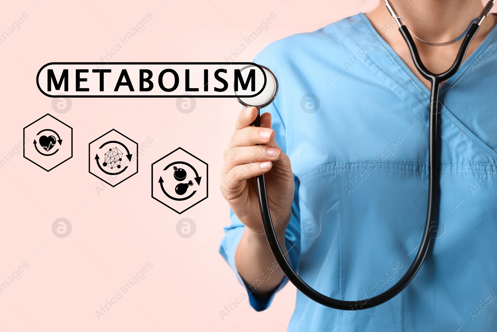 Image of Metabolism concept. Doctor with stethoscope on light background, closeup