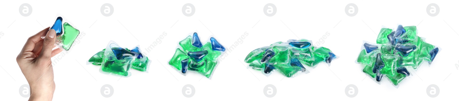 Image of Set with laundry capsules on white background, banner design. Detergent pods