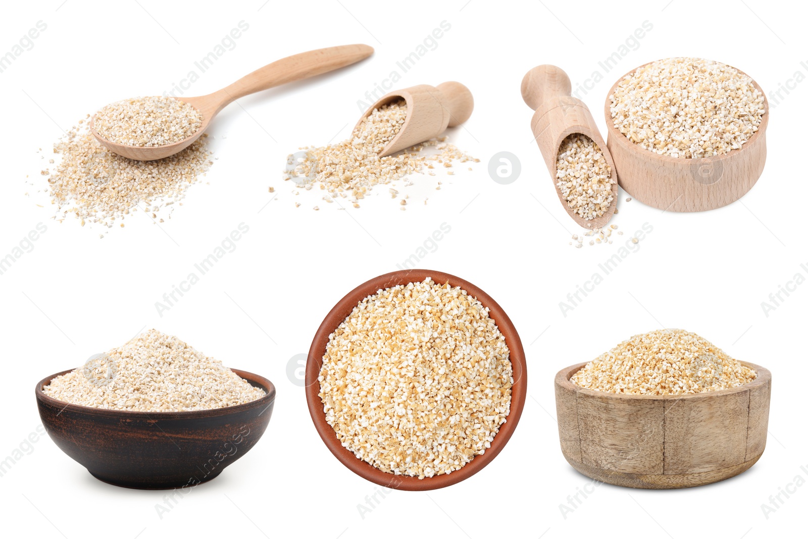 Image of Set of dry barley groats on white background