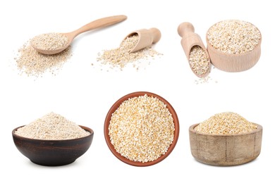 Image of Set of dry barley groats on white background