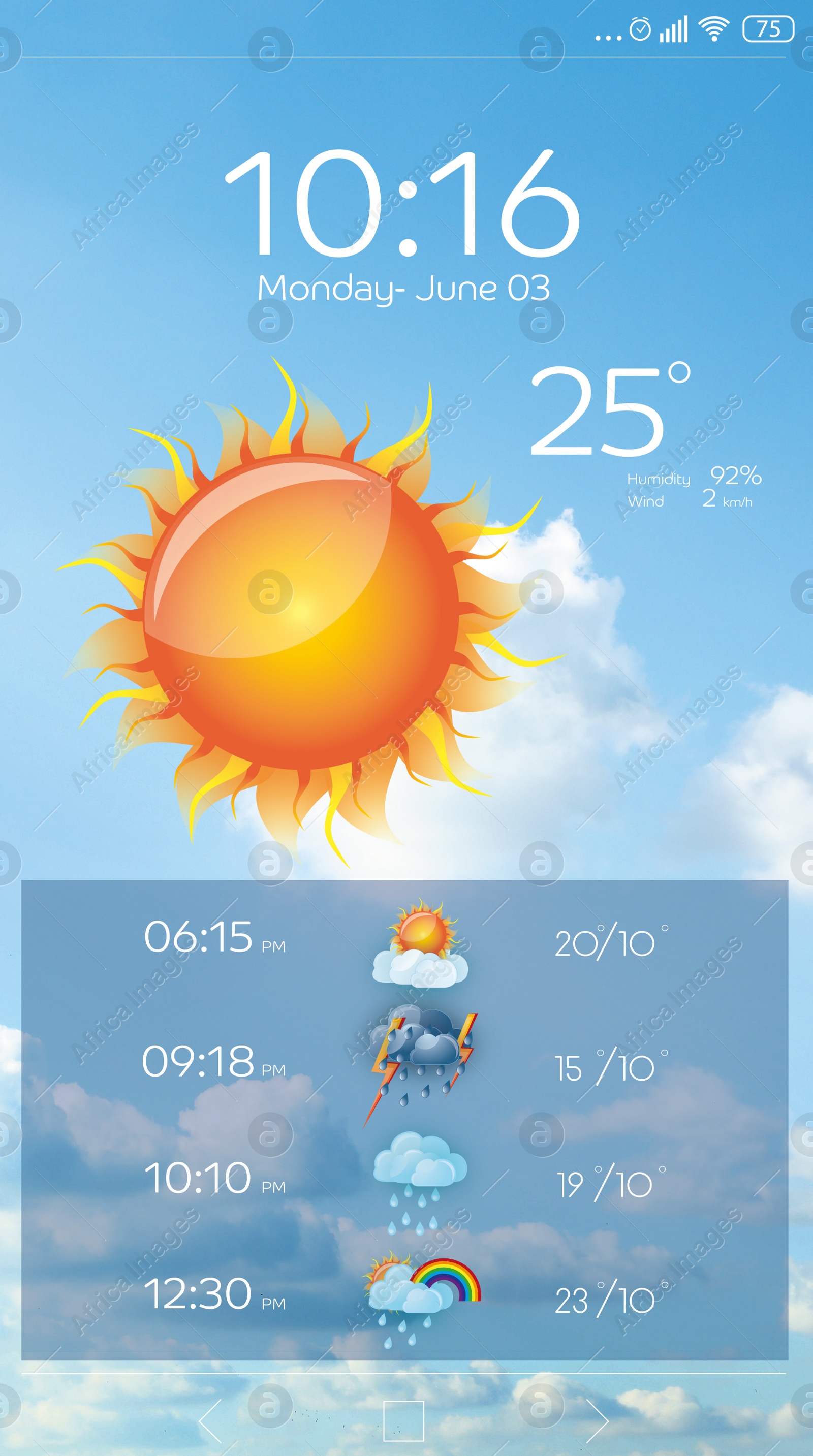 Image of Weather forecast widget on screen. Mobile application