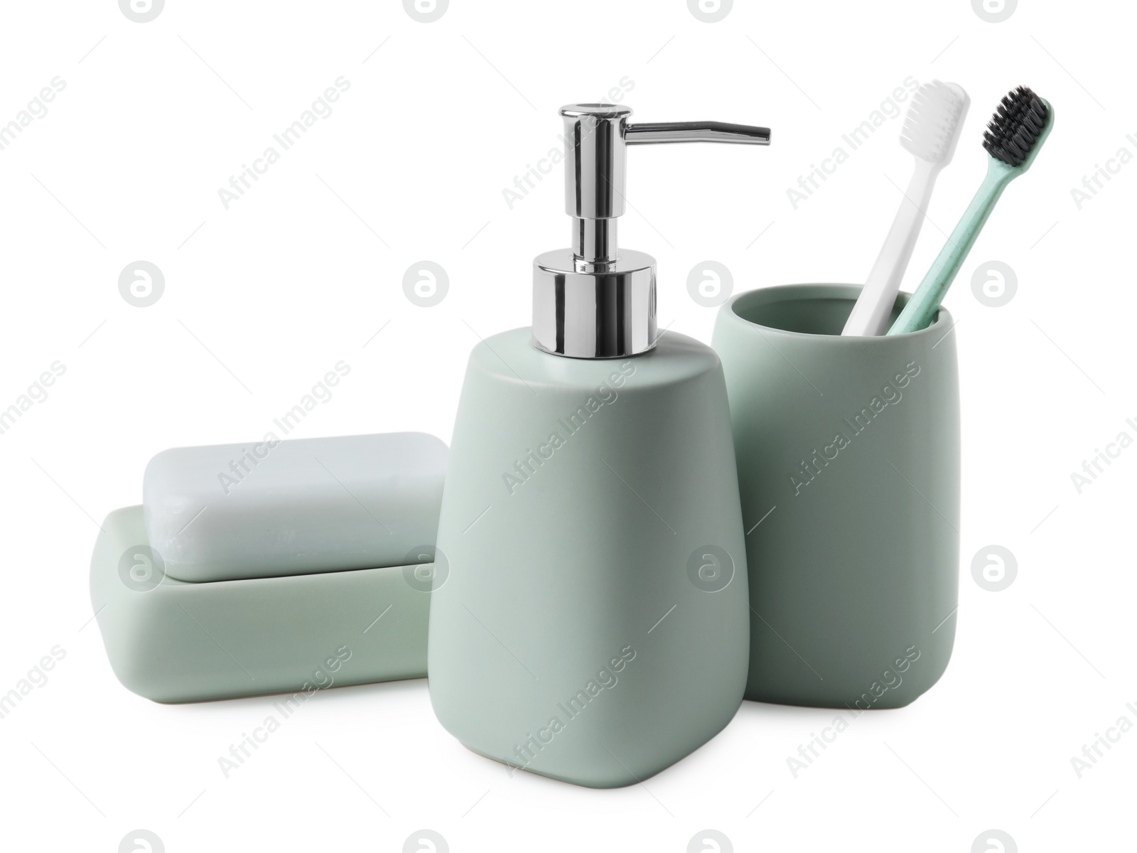 Photo of Bath accessories. Different personal care products isolated on white