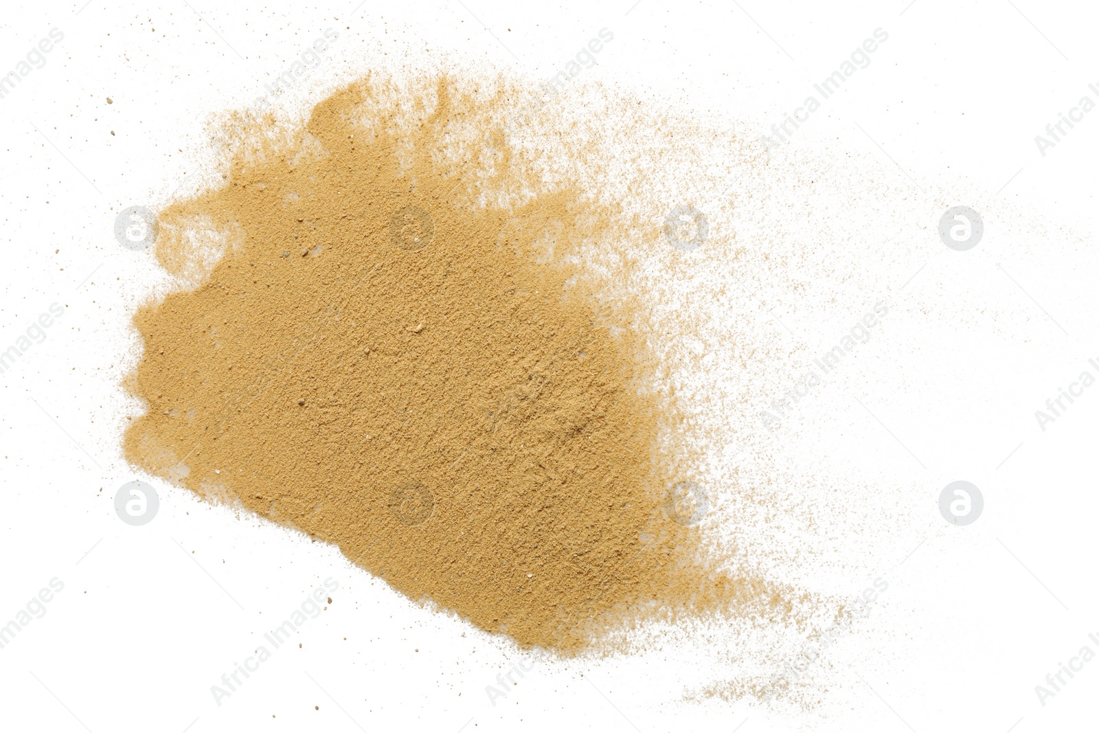 Photo of Pile of brown dust scattered on white background, top view