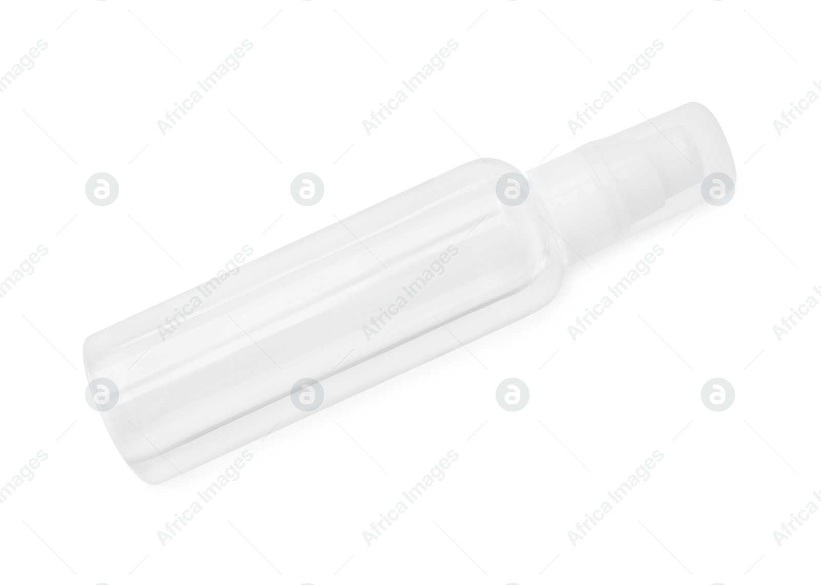 Photo of Bottle of micellar cleansing water isolated on white, top view