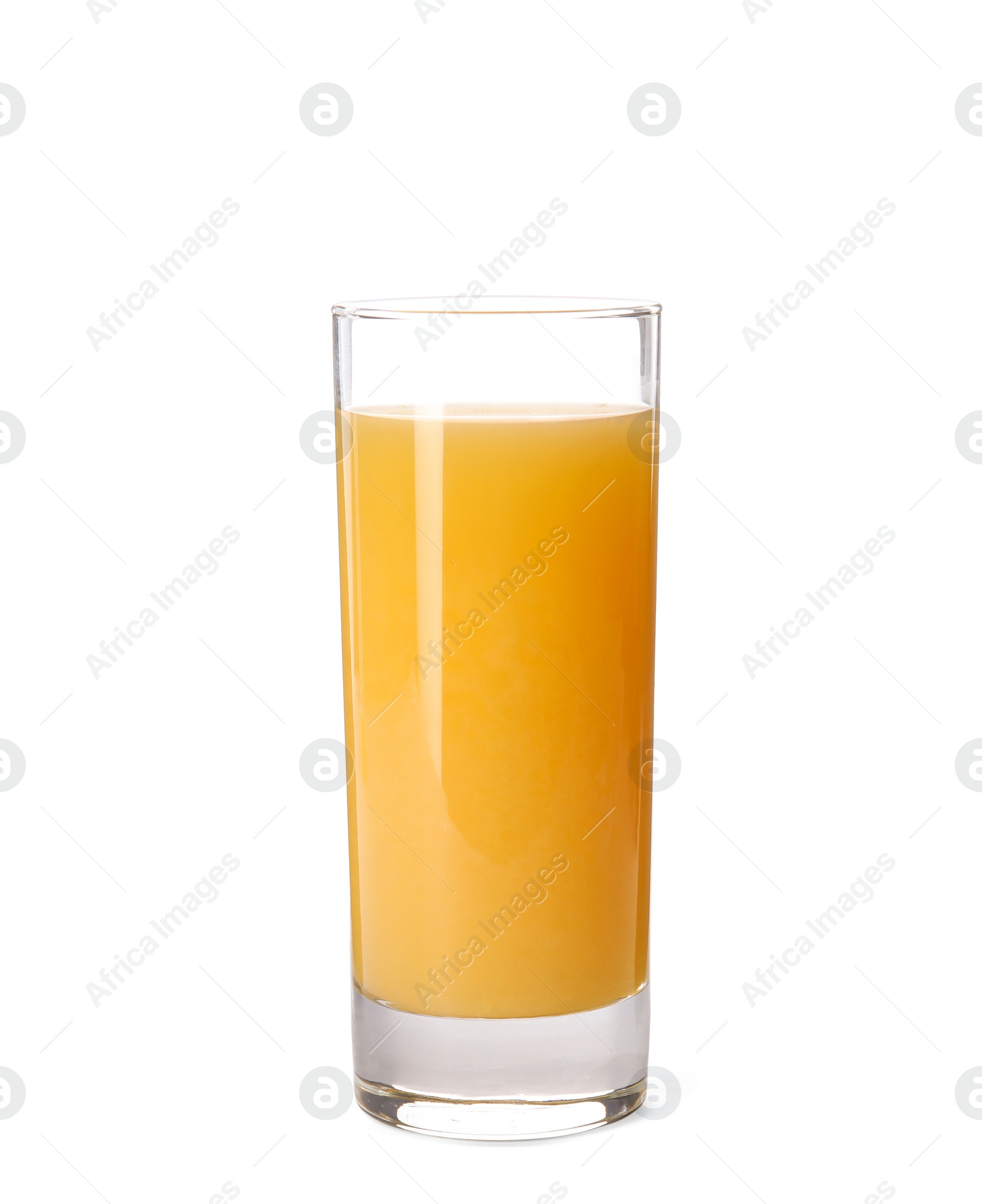 Photo of Glass of orange juice on white background