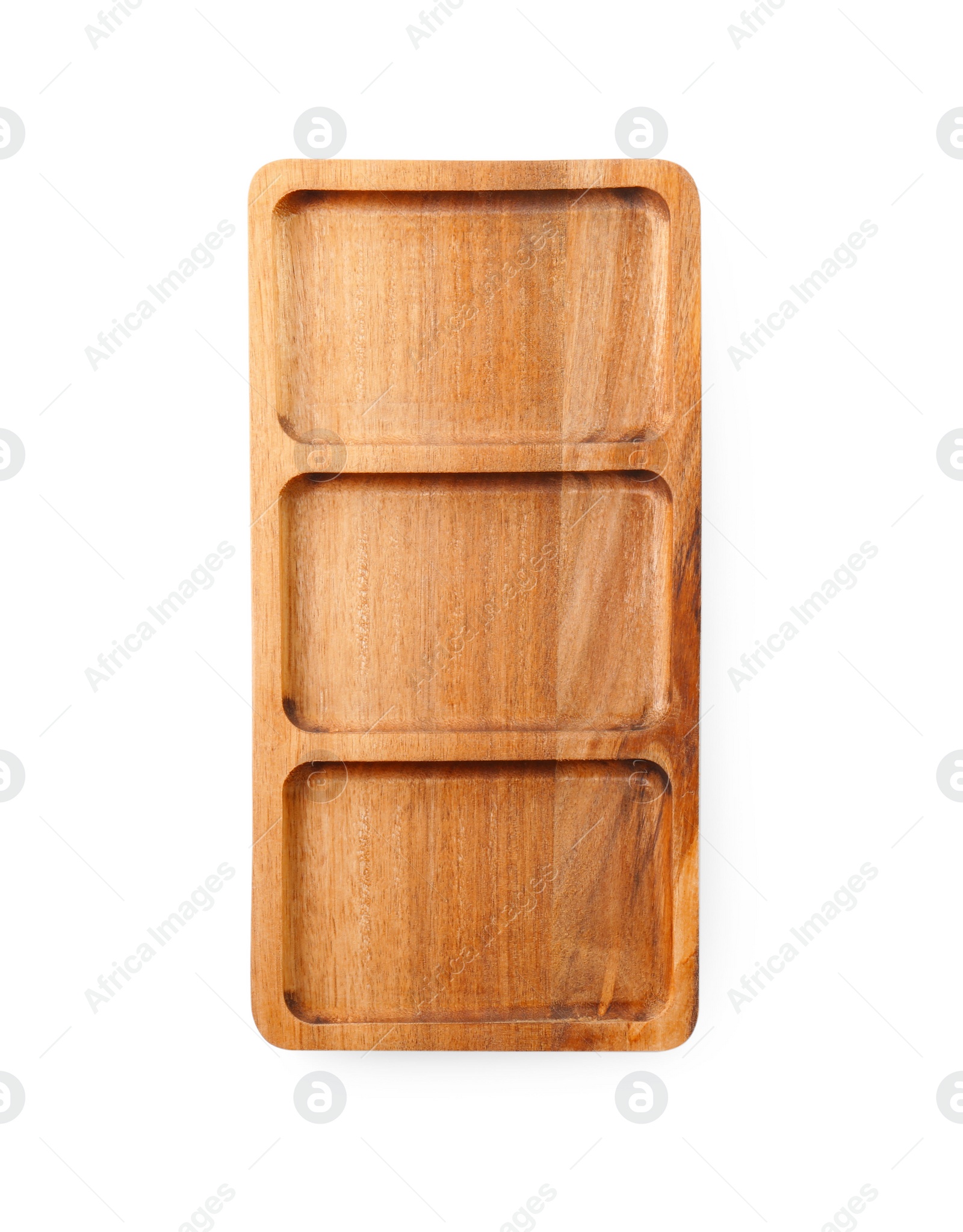 Photo of One wooden serving board isolated on white, top view