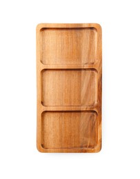 Photo of One wooden serving board isolated on white, top view