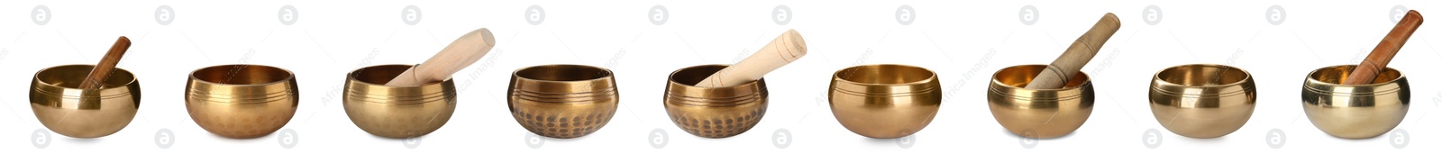 Image of Set with Tibetan singing bowls on white background. Banner design