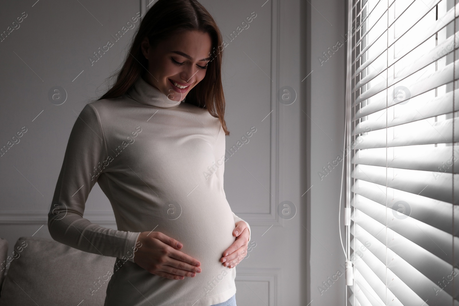 Photo of Young pregnant woman near window at home. Space for text