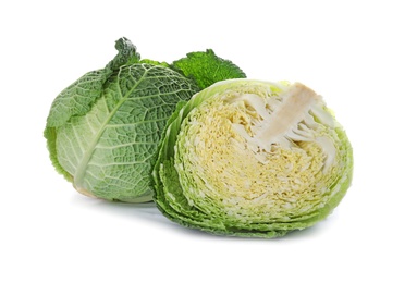 Photo of Fresh green savoy cabbages on white background