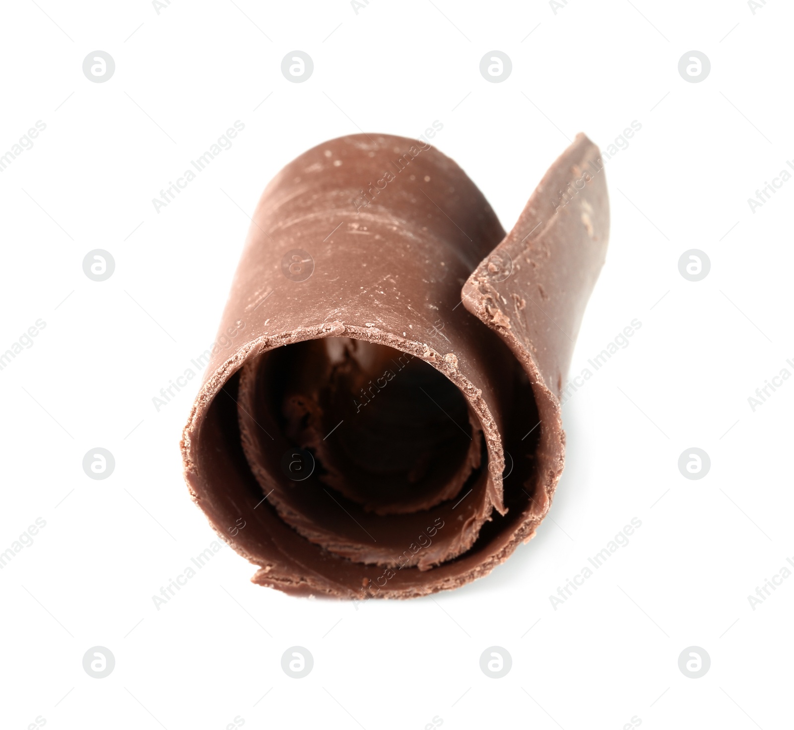 Photo of Curl of tasty chocolate on white background