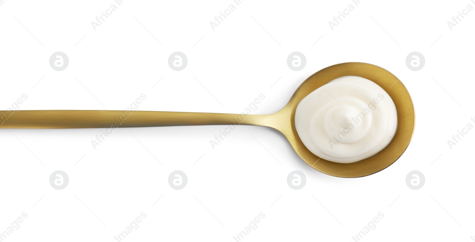 Photo of Golden spoon with mayonnaise isolated on white, top view