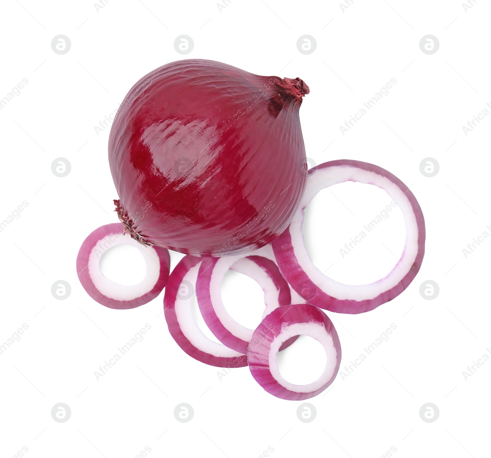 Photo of Fresh red ripe onions isolated on white, top view