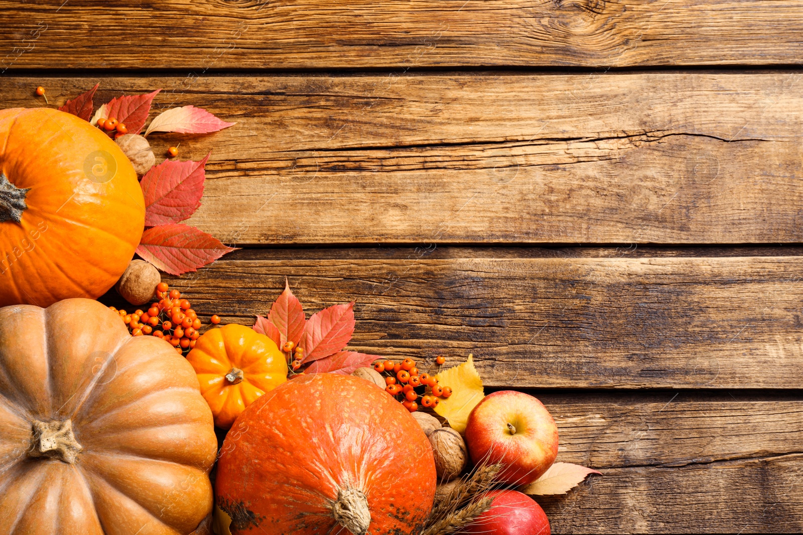 Photo of Flat lay composition with ripe pumpkins and autumn leaves on wooden table, space for text. Happy Thanksgiving day