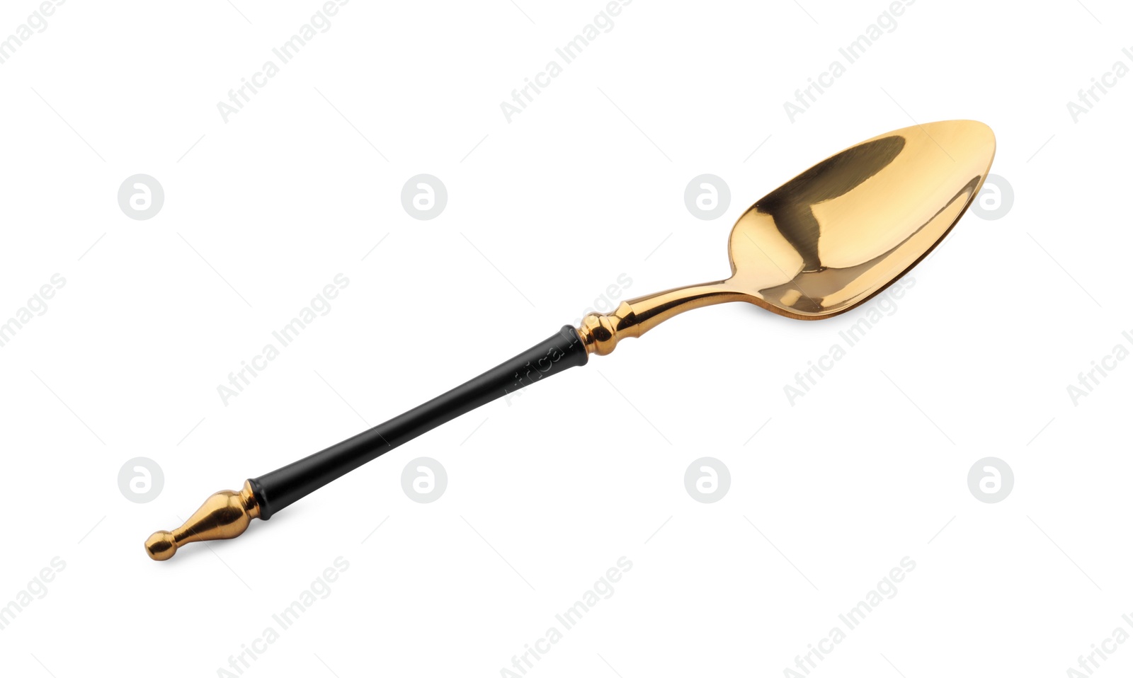 Photo of Elegant shiny golden spoon isolated on white