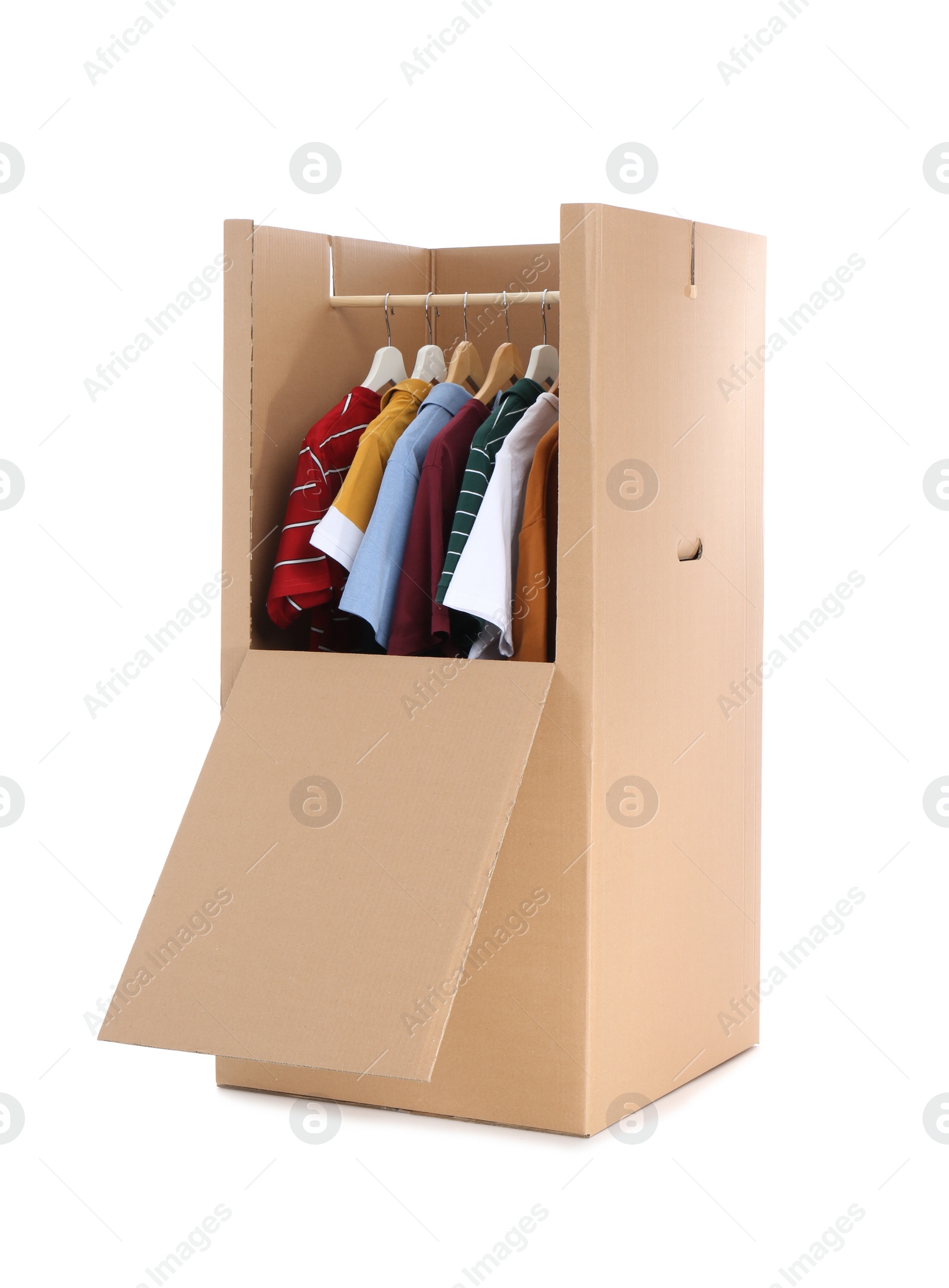 Photo of Wardrobe box with clothes on white background