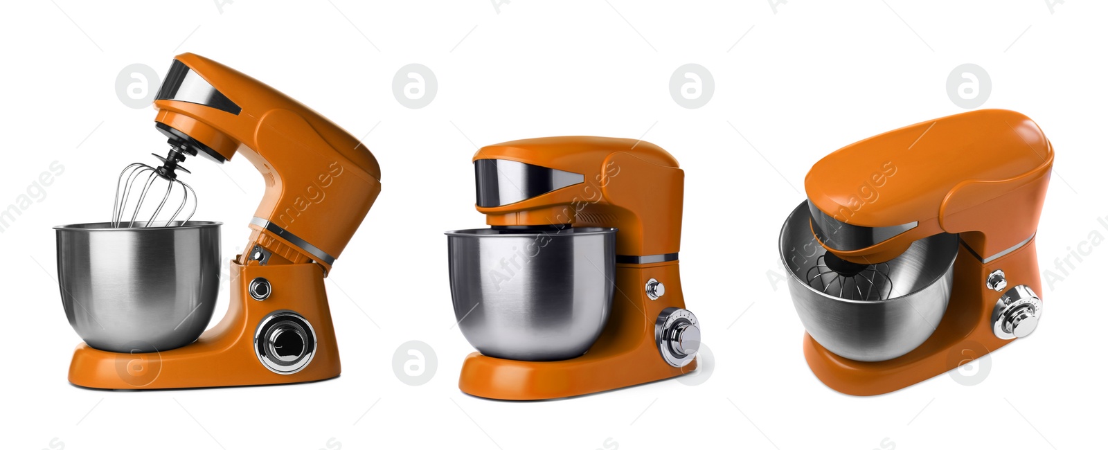 Image of Orange stand mixers isolated on white, set