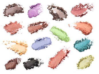Set of different crushed eye shadows on white background, top view. Bright palette