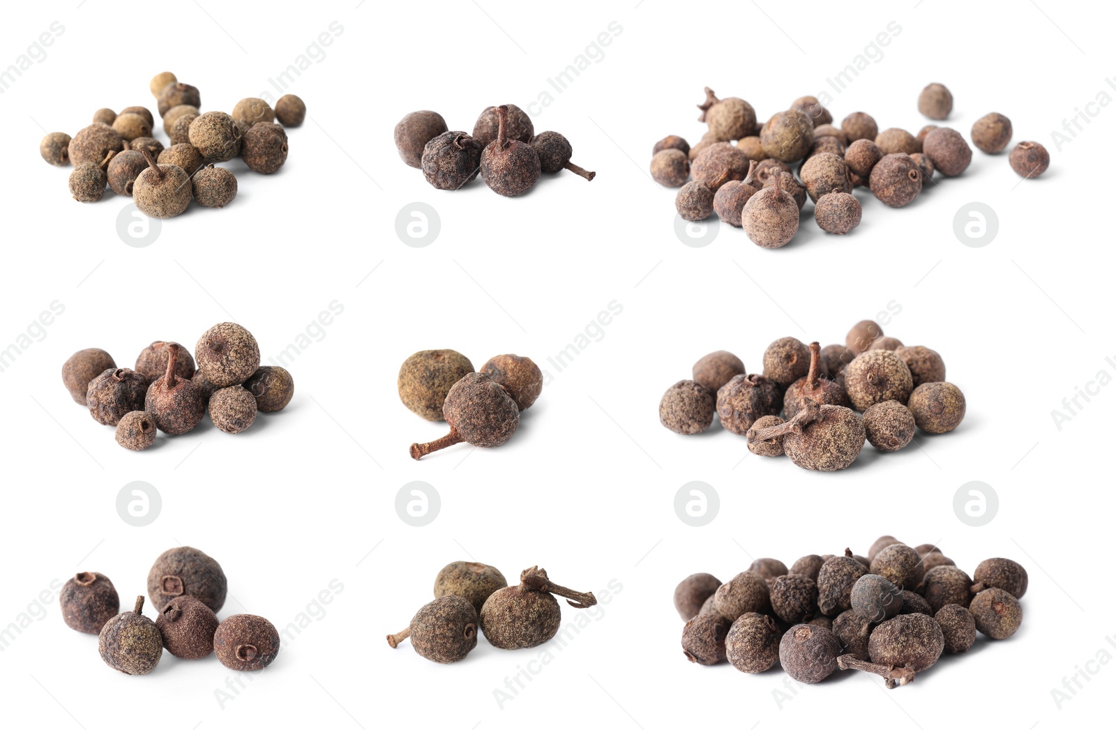 Image of Collage with heaps of peppercorns on white background