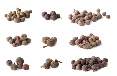 Image of Collage with heaps of peppercorns on white background