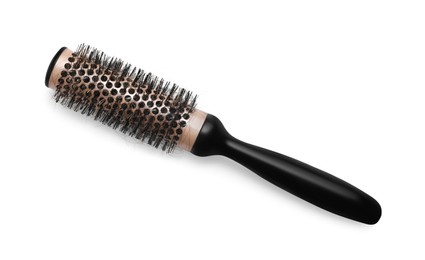Photo of Professional brush with lost hair on white background, top view