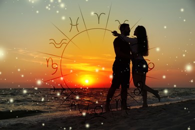Image of Horoscope compatibility. Loving couple on beach at sunset and zodiac wheel
