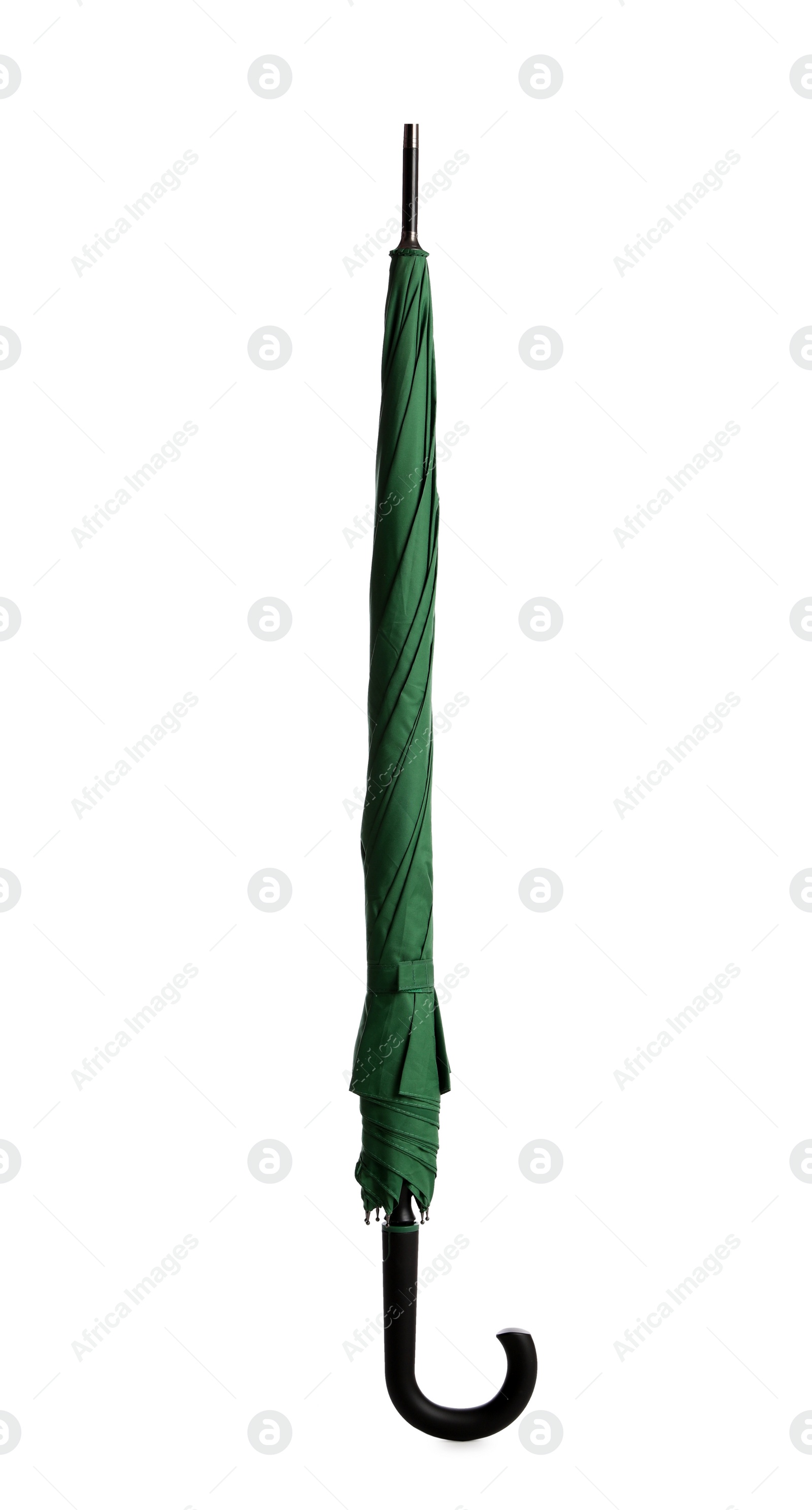 Photo of Stylish closed green umbrella isolated on white