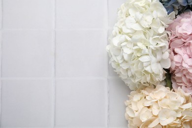 Photo of Beautiful hydrangea flowers on white tiled background, top view. Space for text