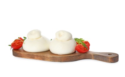 Photo of Delicious burrata cheese with arugula and tomatoes on white background