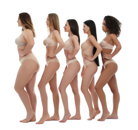 Group of women with different body types in underwear on white background