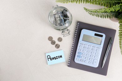 Photo of Calculator, money, notebook, pen, green plant and note with word Pension on white table, flat lay and space for text. Retirement concept