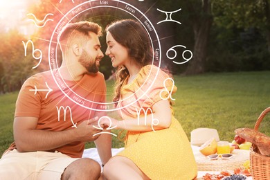 Image of Horoscope compatibility. Loving couple outdoors and zodiac wheel