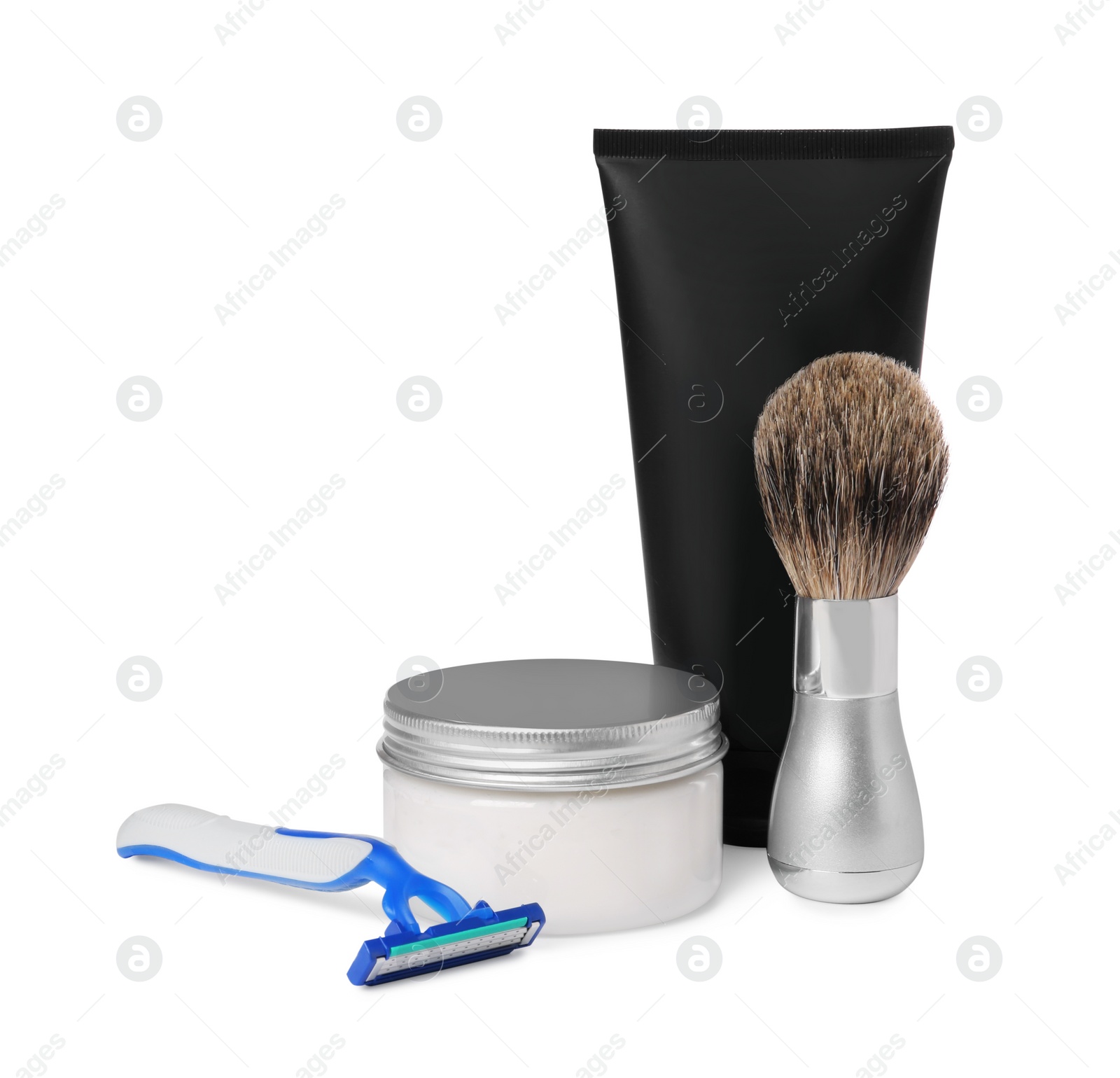 Photo of Different men`s shaving accessories on white background