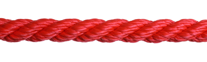 Strong red climbing rope on white background