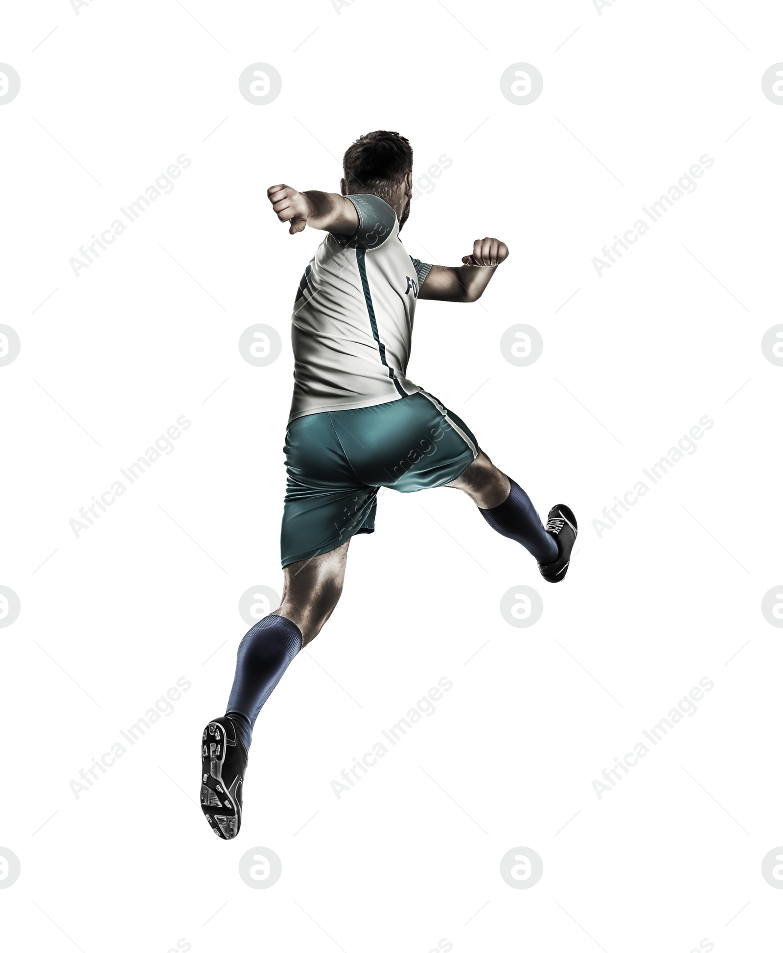 Image of Young man playing football on white background