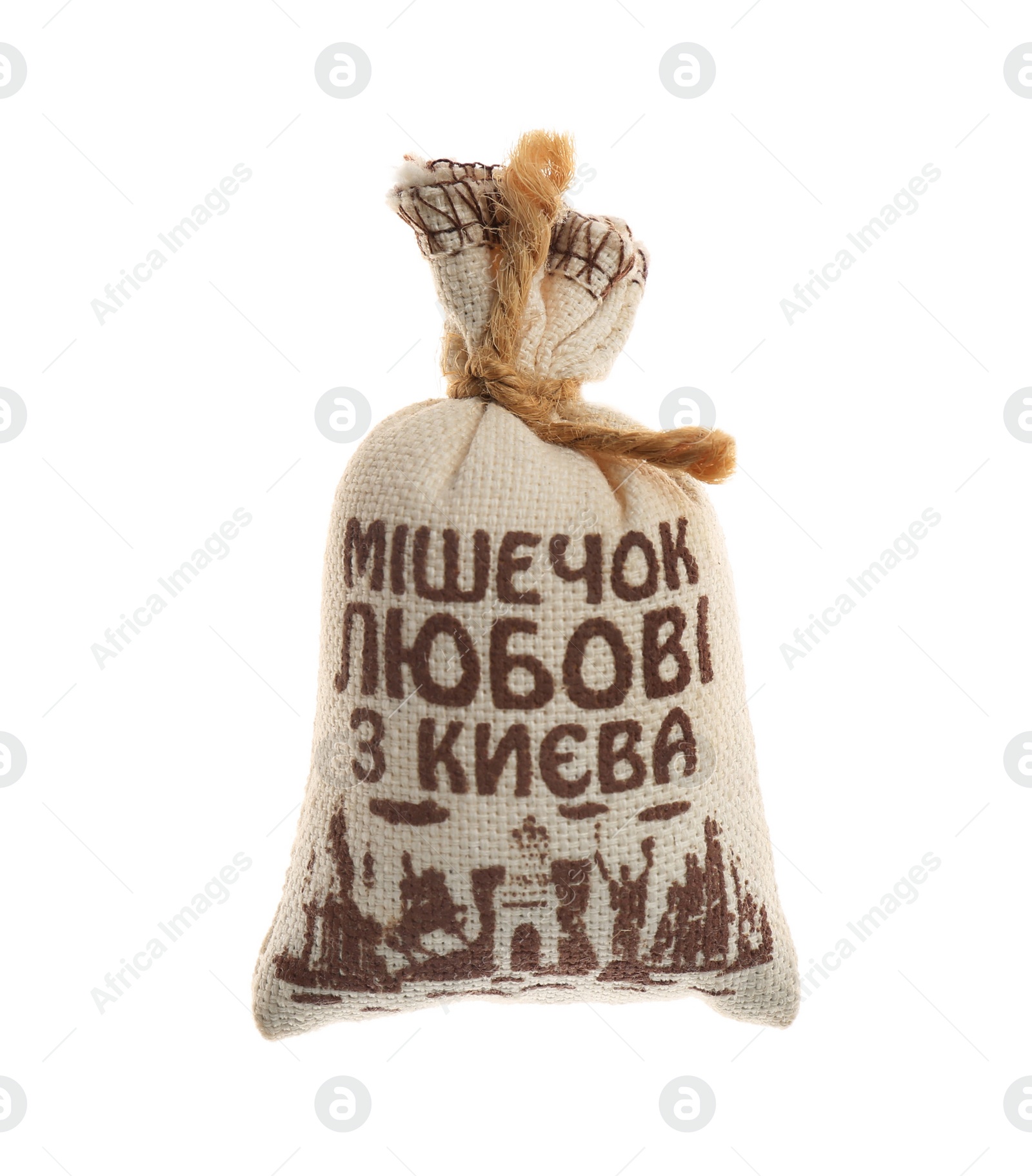 Photo of MYKOLAIV, UKRAINE - DECEMBER 24, 2018: Souvenir fridge magnet with text sack of love from Kyiv in ukrainian on white background