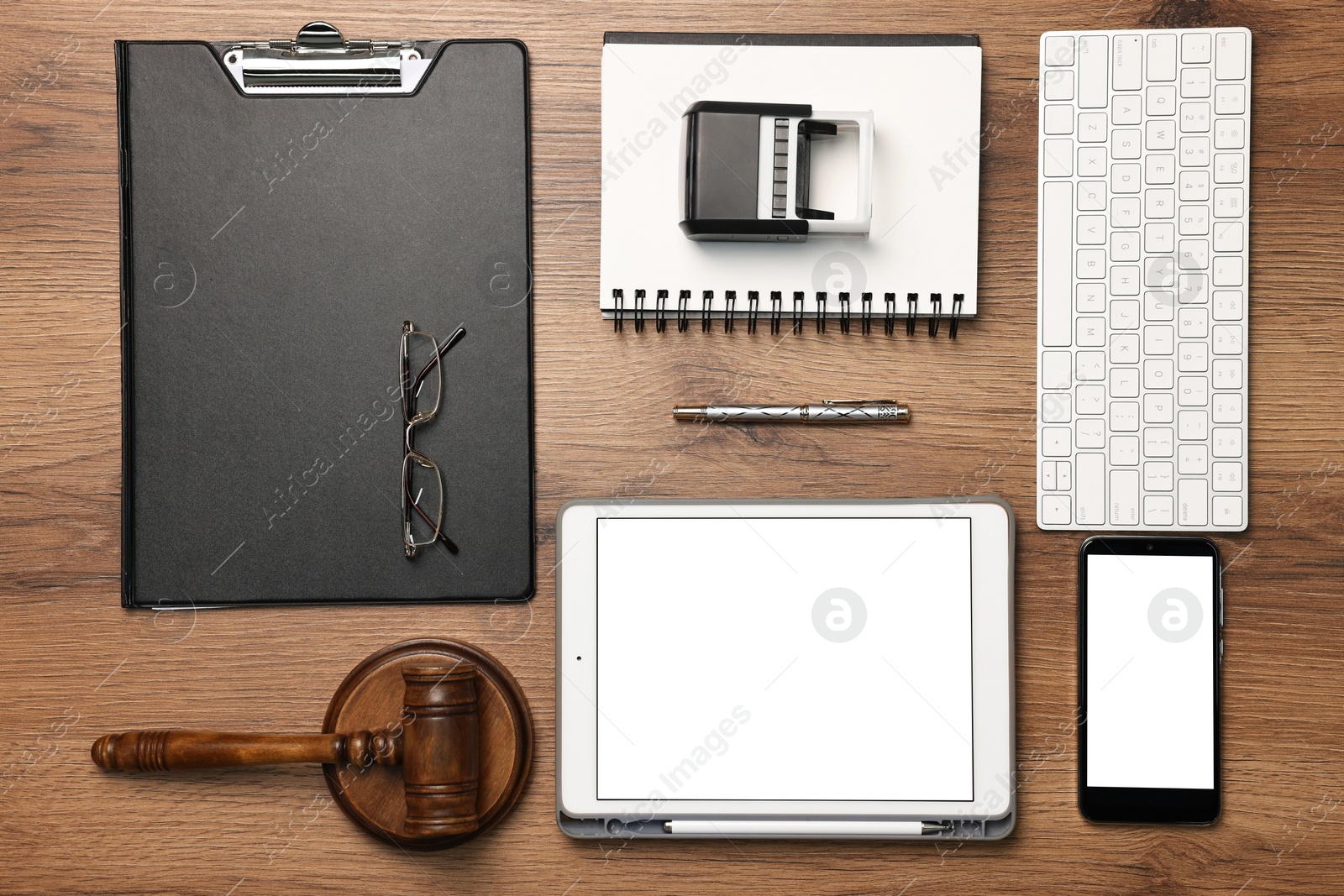 Photo of Flat lay composition with modern tablet on wooden table. Space for text