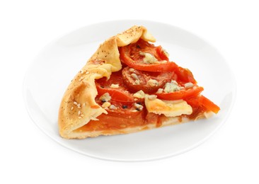 Photo of Piece of tasty galette with tomato and cheese (Caprese galette) isolated on white