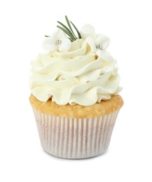 Tasty Easter cupcake with vanilla cream isolated on white